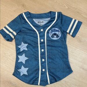 Disney Blue Stitch Button Down Short Sleeve Jersey Style Shirt